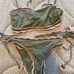 Olive Green and Pink Ruffle Bikini Set